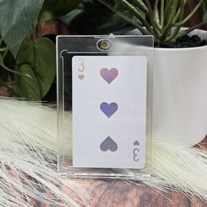 Christian Dior Joy 3 three of Hearts cards in magnetic playing acrylic display